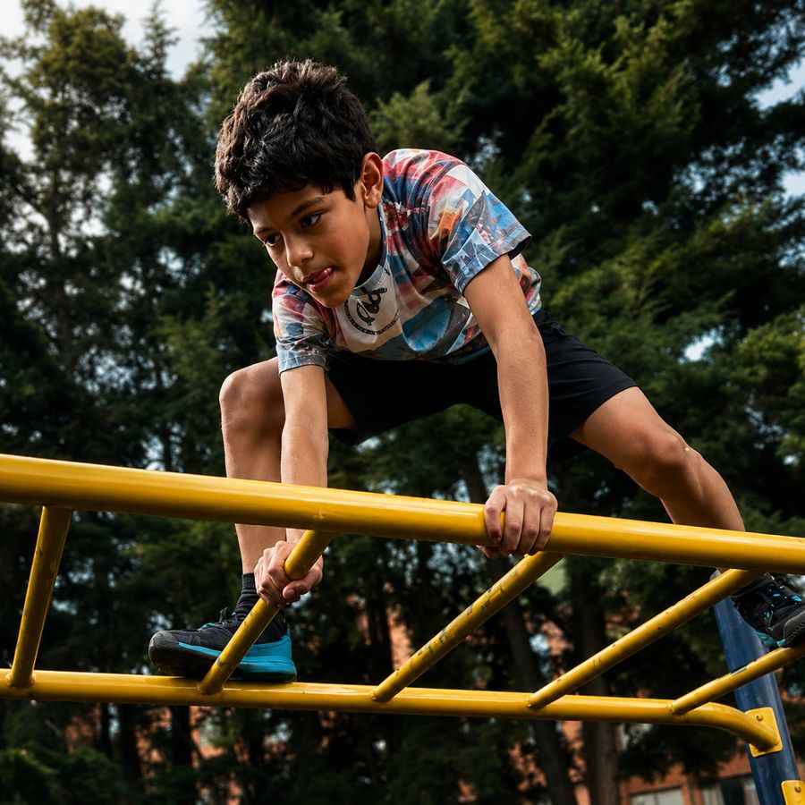 Niño practicando parkour sobre estructura metálica en un parque