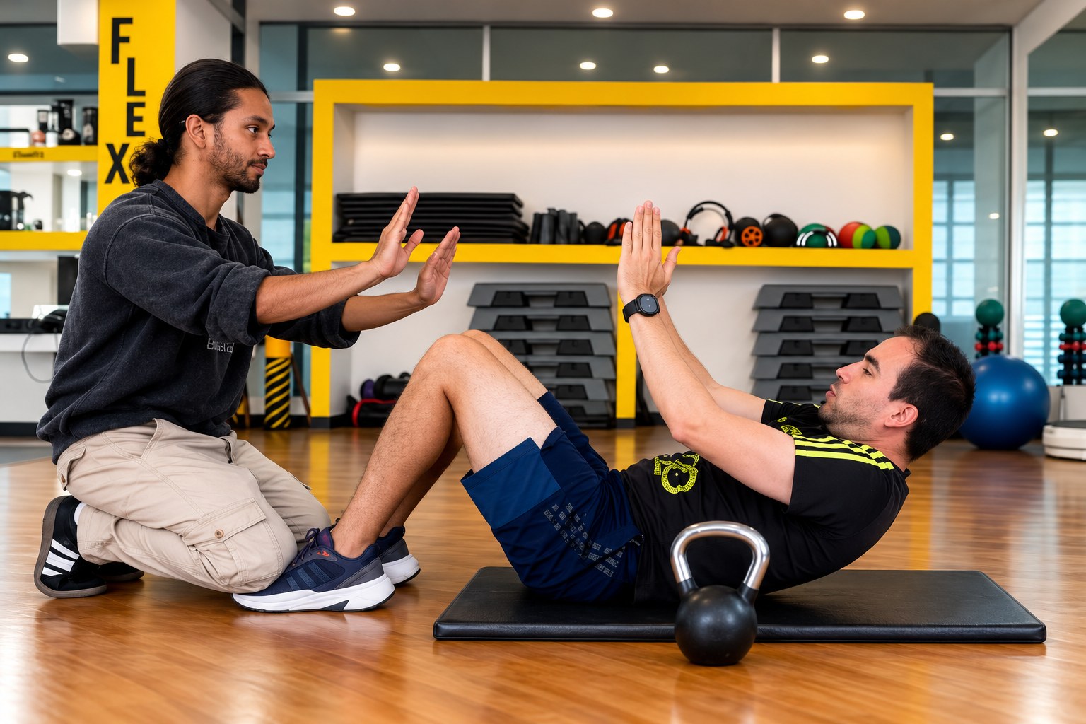Jonathan Serrato guiando una sesión de entrenamiento personal uno a uno en gimnasio