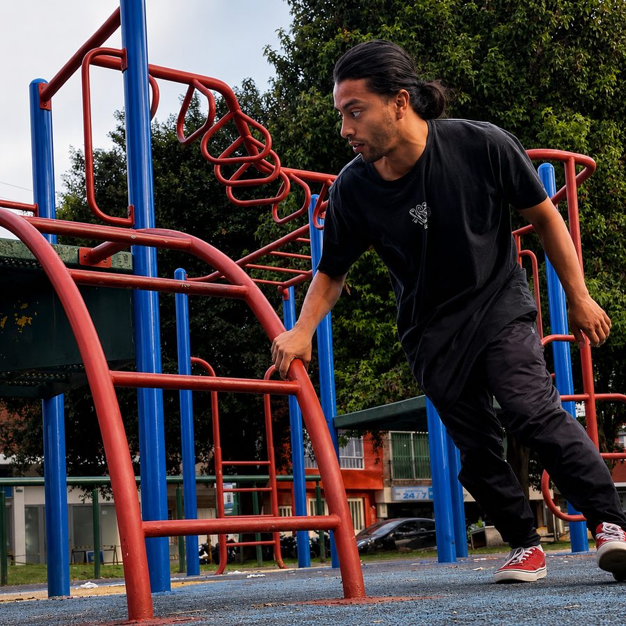 Jonathan Serrato practicando parkour en un parque de Bogotá